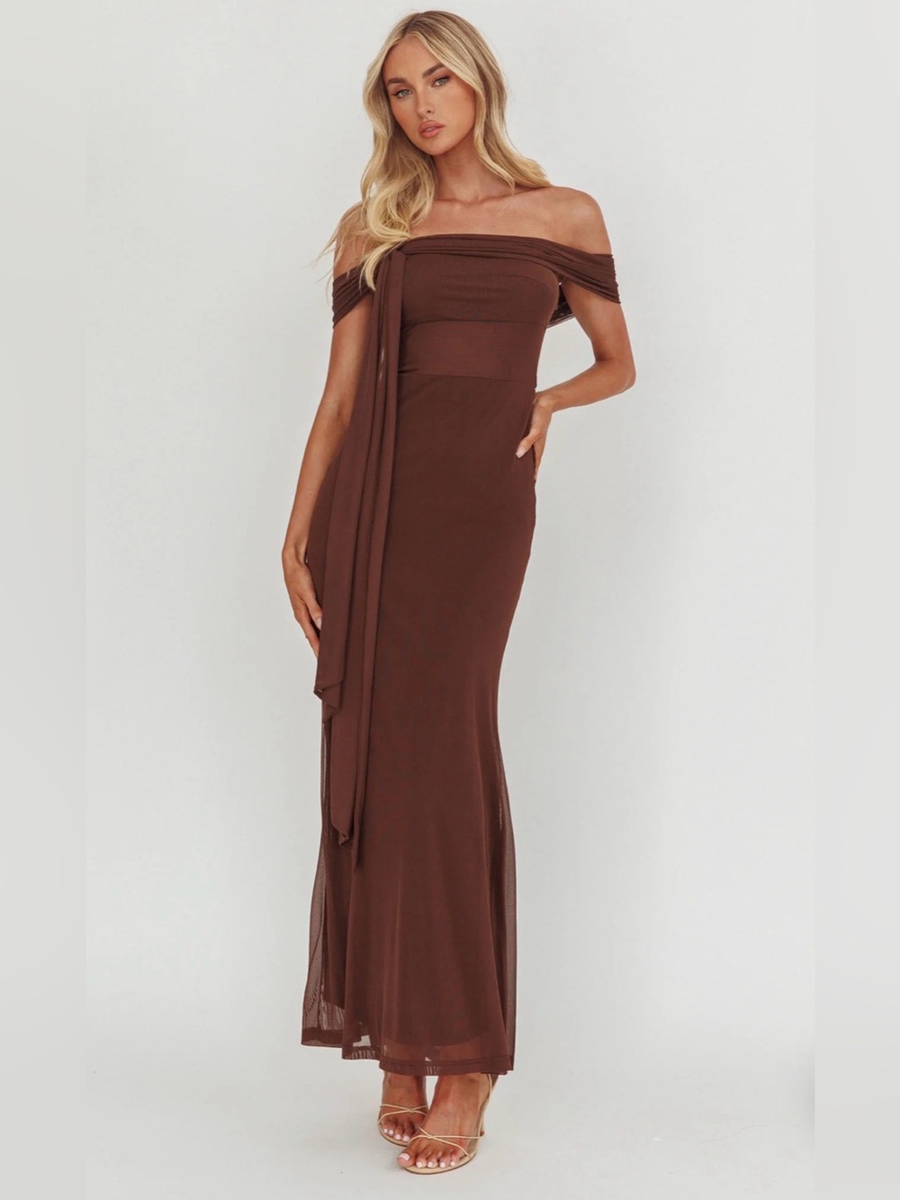 Saints & Secrets Chocolate Brown Off Shoulder Maxi Dress XS